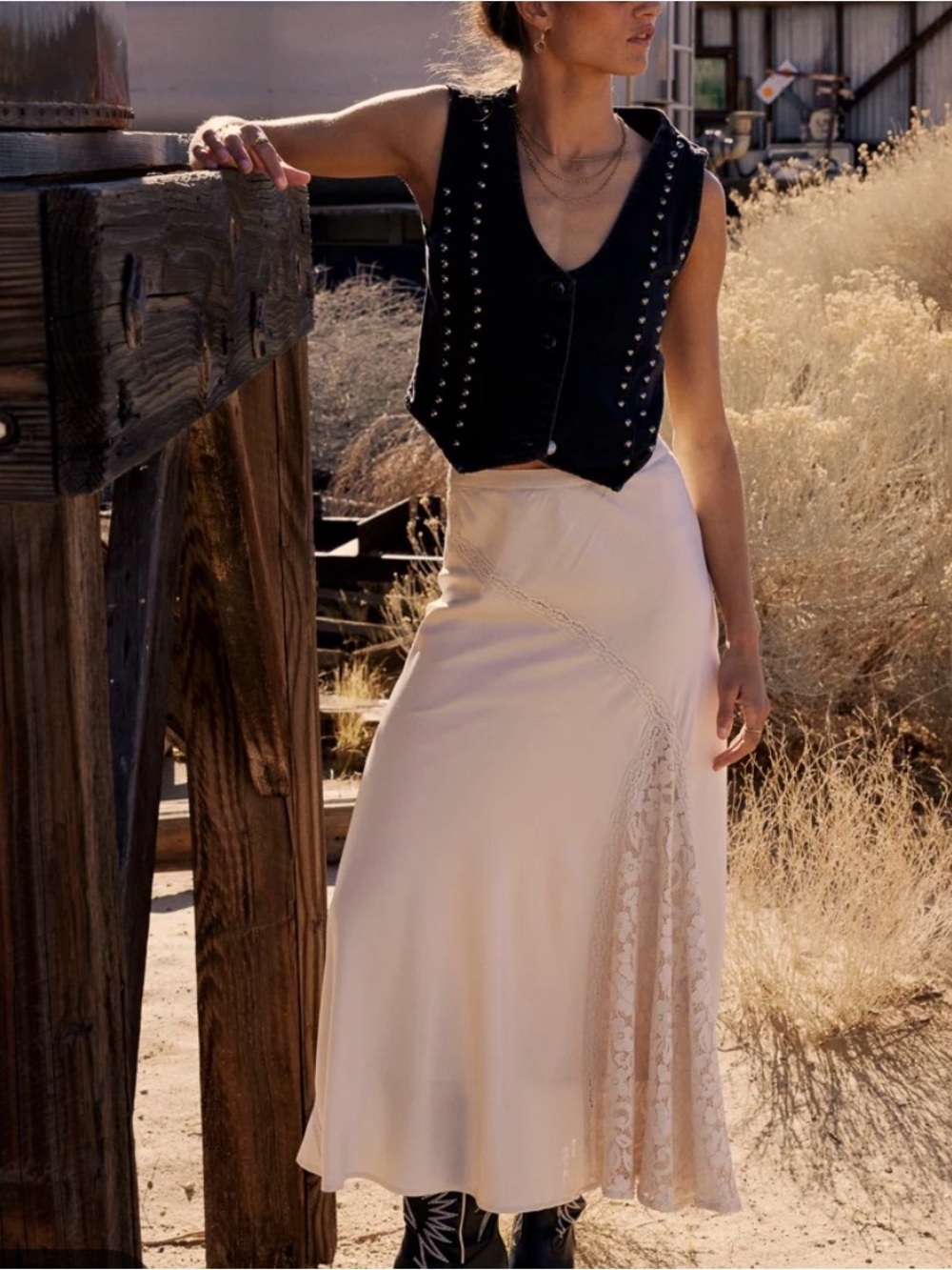 Bohme Satin Lace Panel Maxi Skirt - Cream